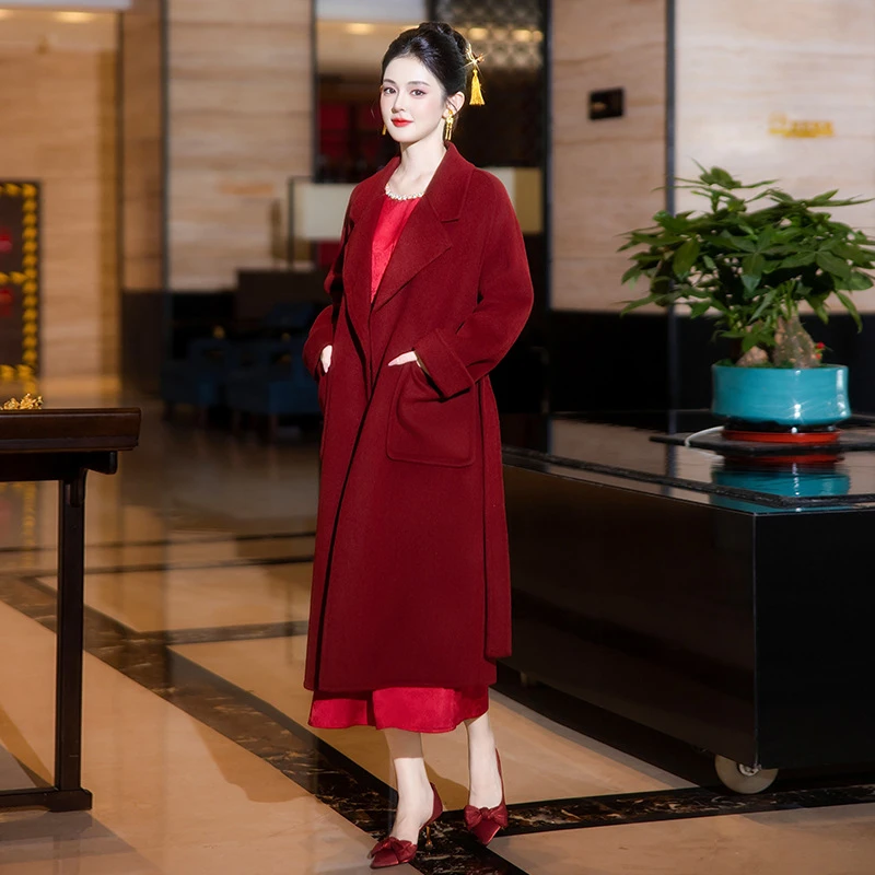 秋冬小个子羊毛大衣红色高端外套2025新款订婚结婚显瘦回门毛呢