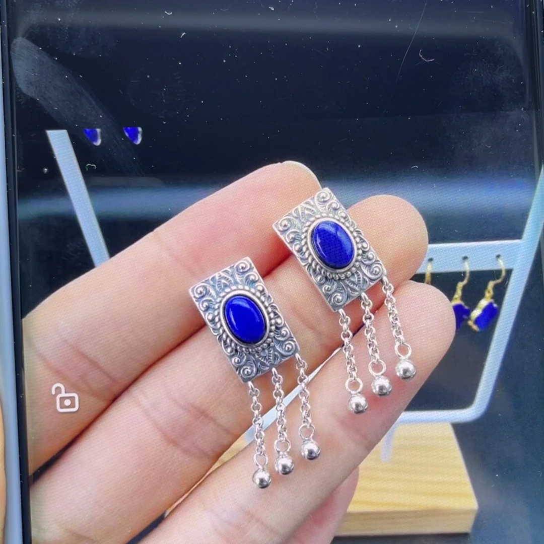 银S925镶嵌青金石耳钉