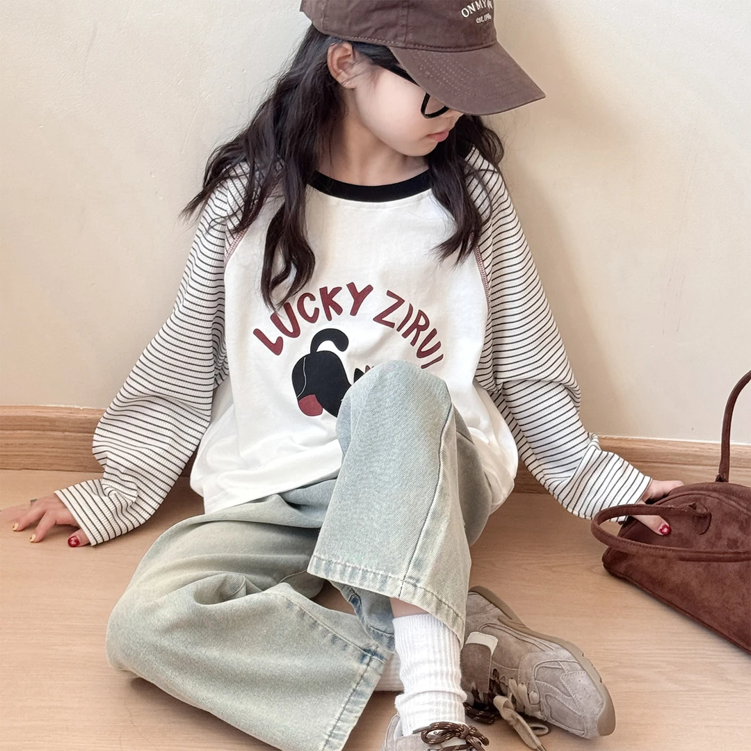 女童长袖条纹t恤2025新款女孩韩系慵懒风上衣儿童冬装洋气打底衫
