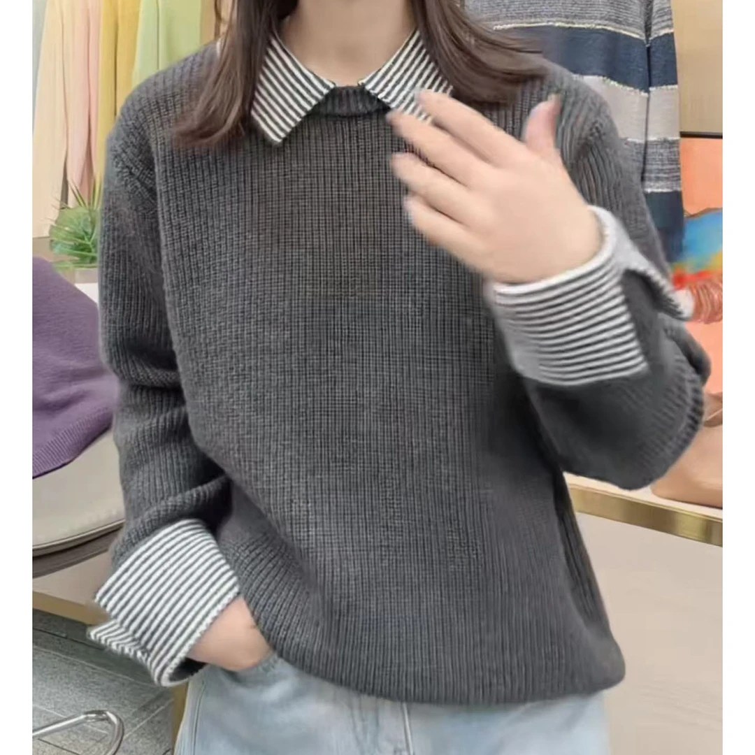 2025秋冬搭配学院风灰色翻领拼接假两件针织衫休闲长袖设计感毛衣