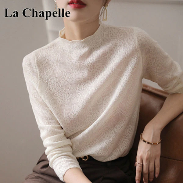 拉夏贝尔镂空提花半高领打底衫女秋冬百搭宽松显瘦内搭气质针织衫