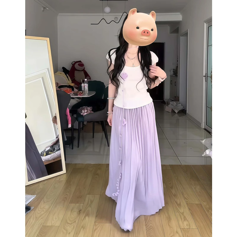 2025夏季新款温柔方领针织T恤上衣高腰设计感半身裙女装两件套