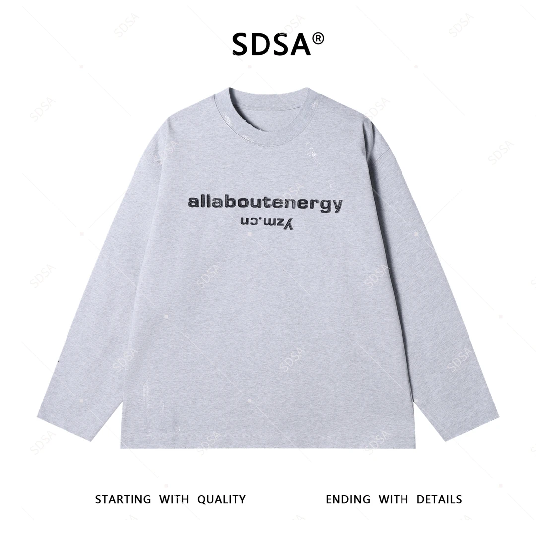 SDSA男士2025新款轻奢痞帅男装磨毛贴布字母圆领长袖T恤潮牌百搭