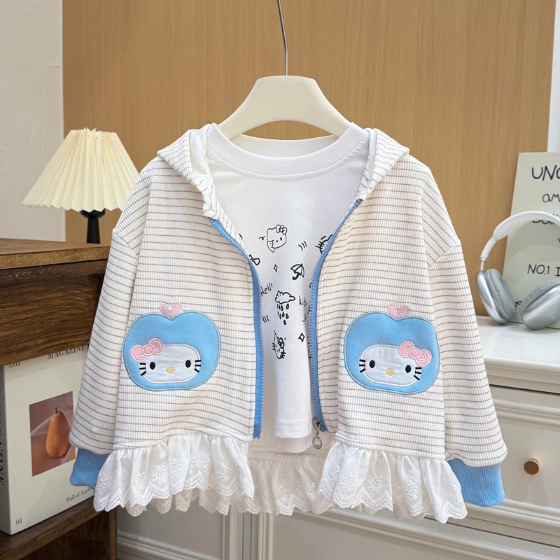 女童秋季新款条纹猫猫外套韩版女宝宝休闲款洋气可爱条纹连帽童装