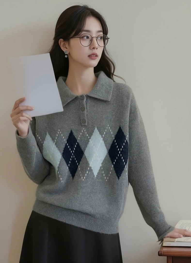 高货复古学院风菱格polo翻领毛衣2025秋冬新款高级慵懒休闲针织衫