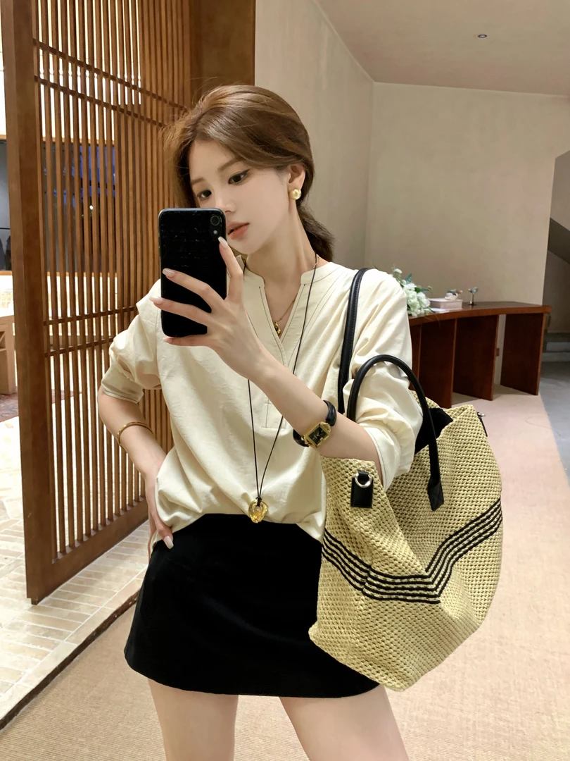 【芝士Cheese】独白日记 夏季V领五分袖设计百搭时尚休闲气质上衣