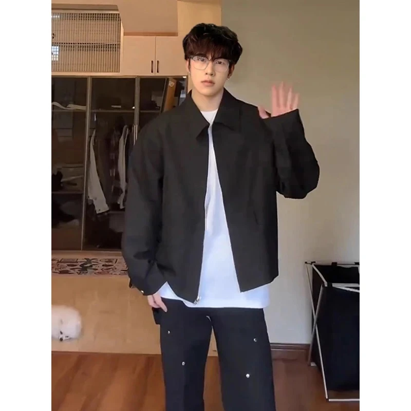 cleanfit黑色西装外套男春秋廓形翻领痞帅炸街夹克短款美式棒球服