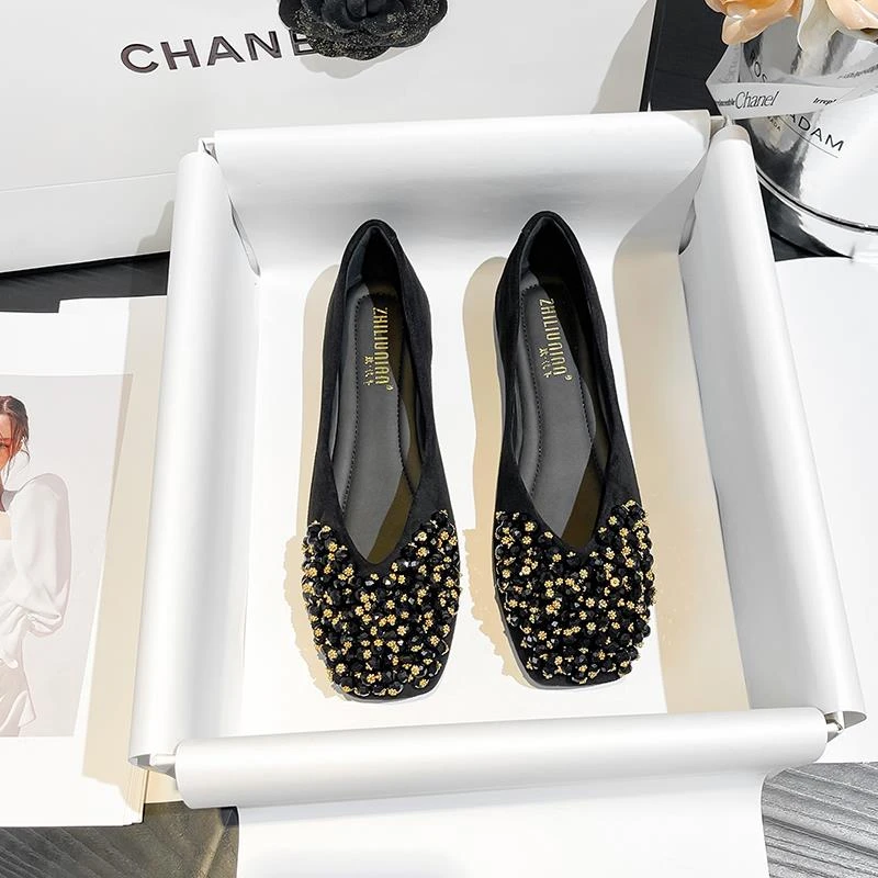 百搭法式水钻方头平底配裙子单鞋女新款秋款软底不累脚仙女鞋