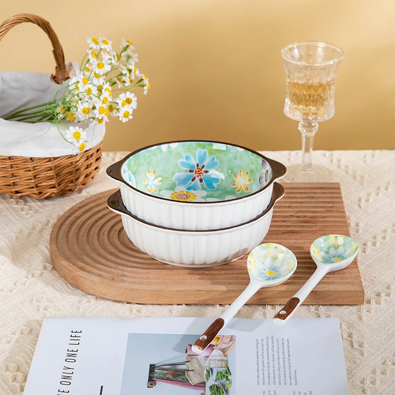 美二烧濑户烧系列釉下彩家用陶瓷餐具7.5英寸双耳防烫面碗配勺子