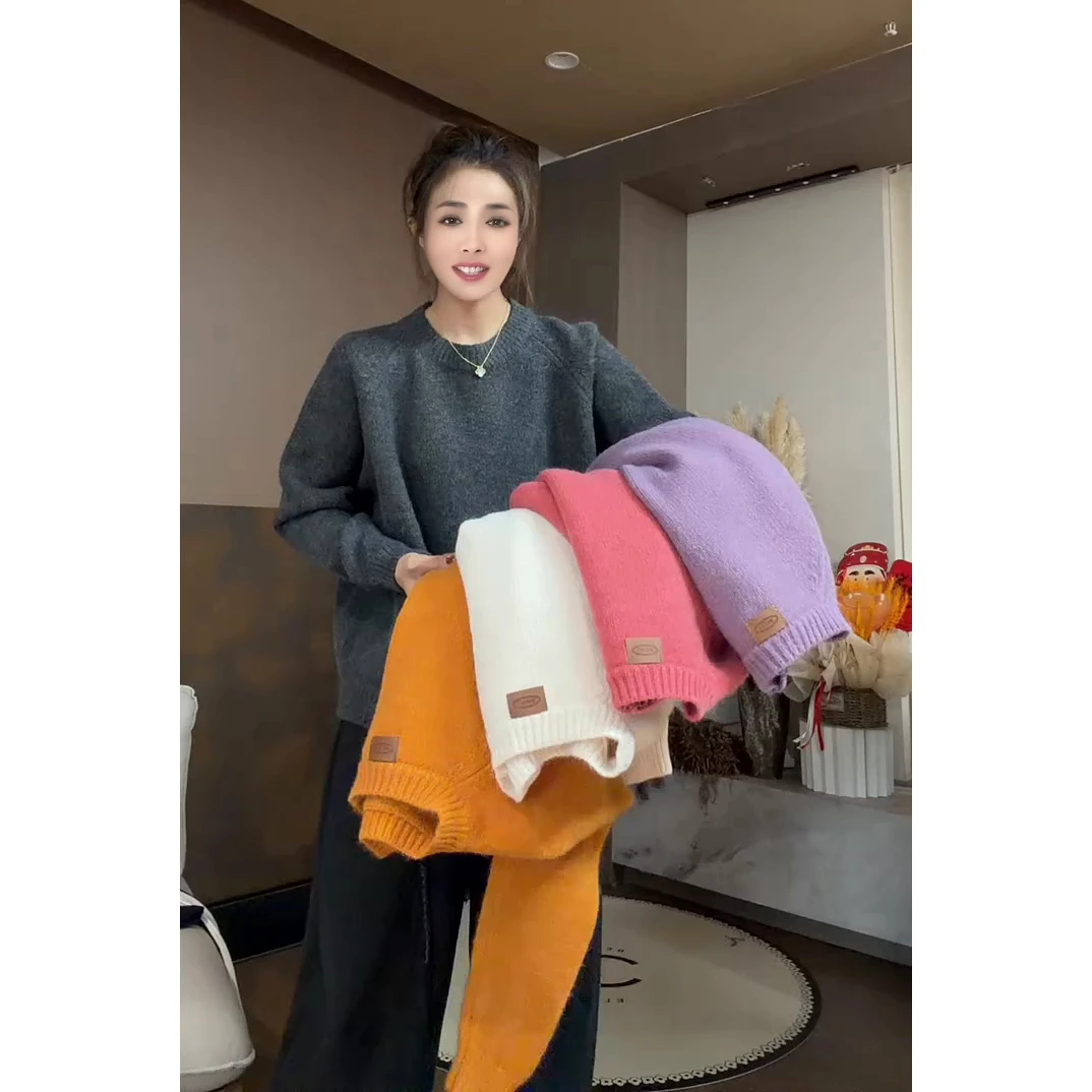 欧货圆领针织皮标字母慵懒风毛针织衫韩版毛衣长款