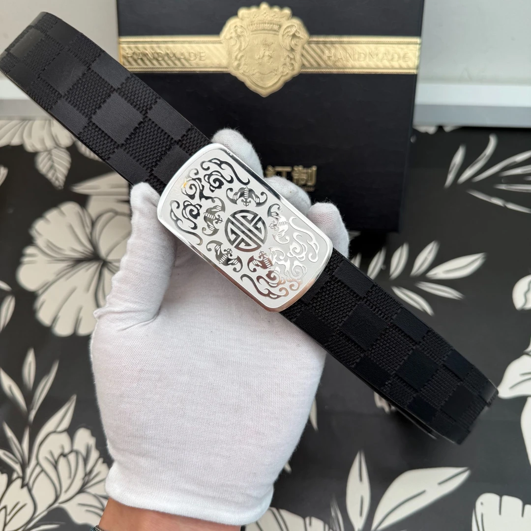 【3.5自动扣套装】 五福雕花内穿格子自动扣皮带真牛皮带黑色一整套