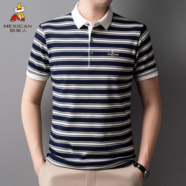 稻草人男士夏季Polo短袖透气舒适横条纹t恤休闲T恤上衣