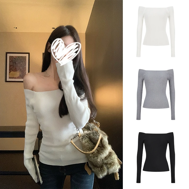 梦优莱辣妹风时尚气质一字肩针织衫女秋季新款修身显瘦内搭打底衫
