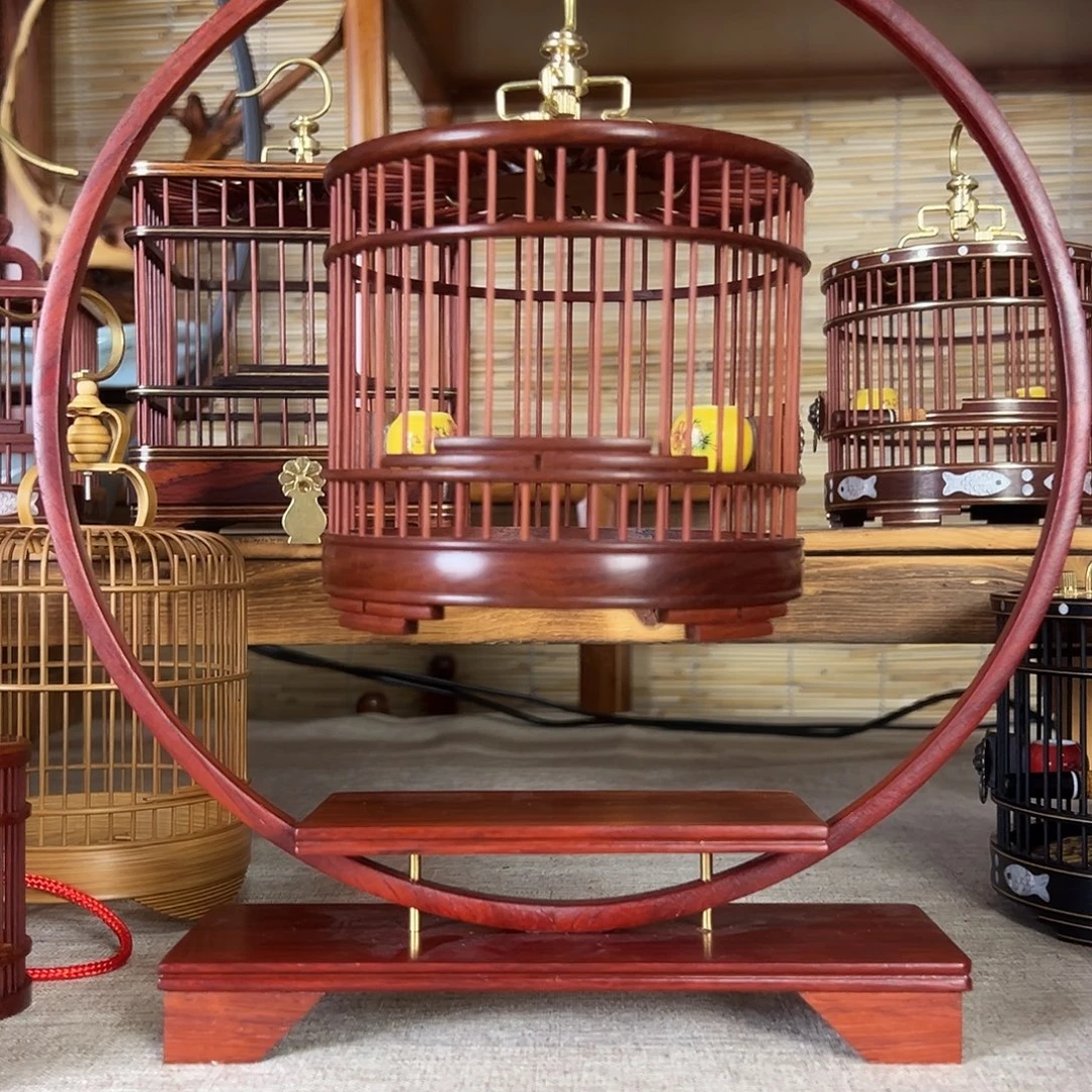 金***山直径12厘米红檀木黄罐圆笼加红木架子两套