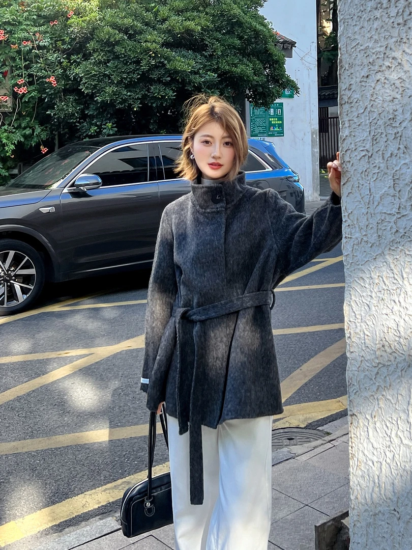 【lmn2536】100%羊毛大衣秋冬中长款女装立领一粒扣羊毛大衣