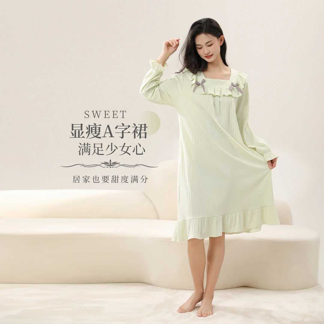 紫色花语女士柔软舒适宫廷风宽松甜美长袖睡裙S3CD2235