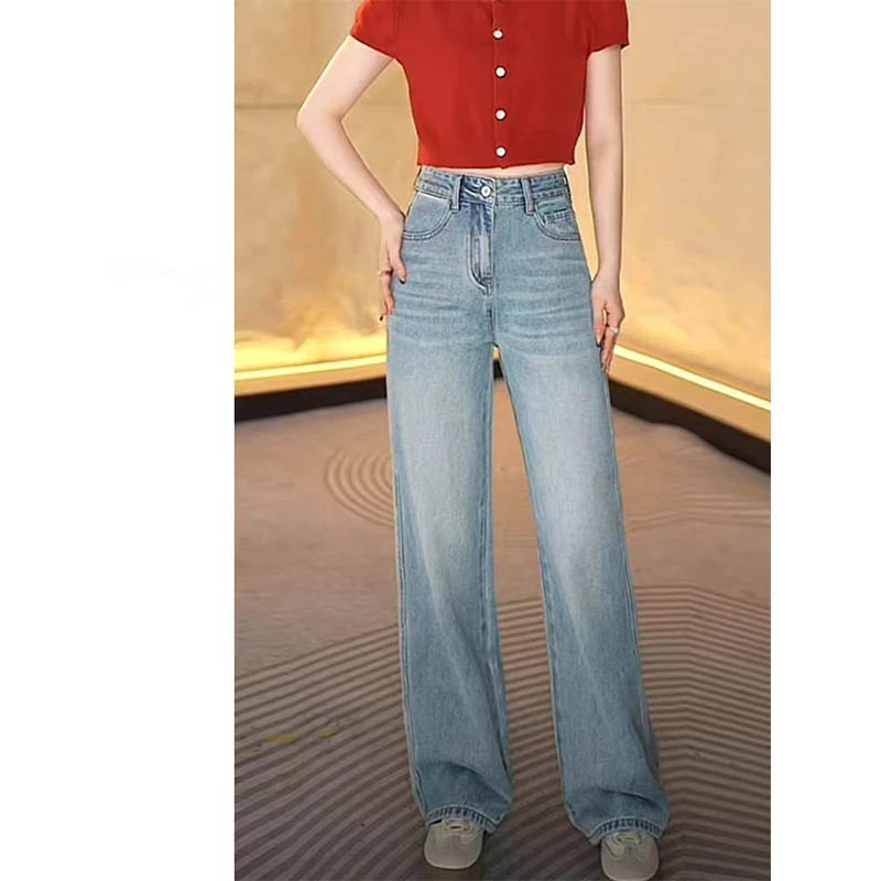 （女装）1009 蓝色高腰显瘦设计感窄版直筒牛仔裤