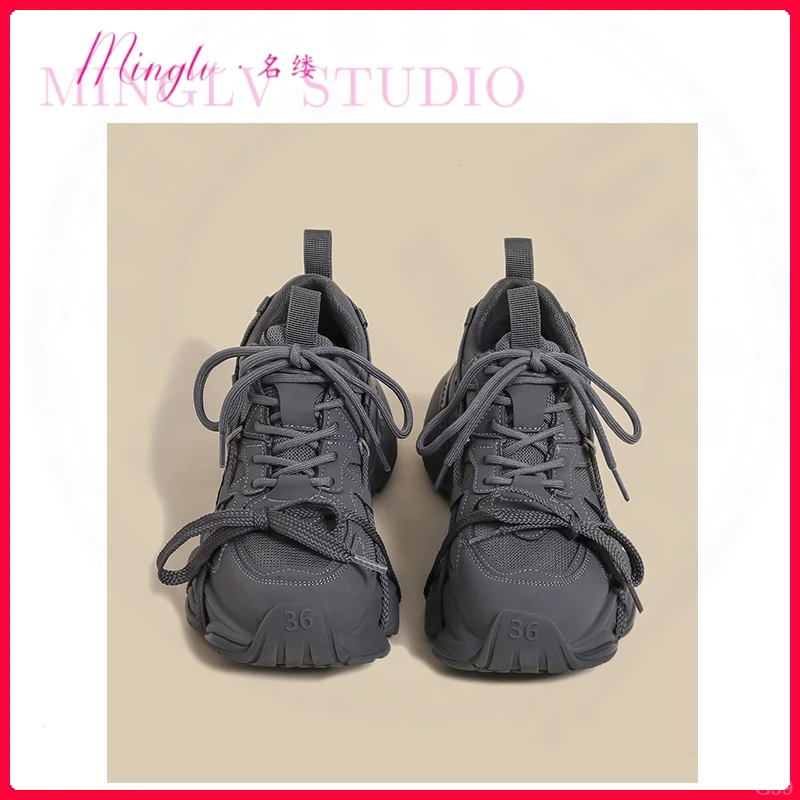 2025年夏季新款增高港风重工厚底老爹鞋女复古灰色双鞋带运动鞋子