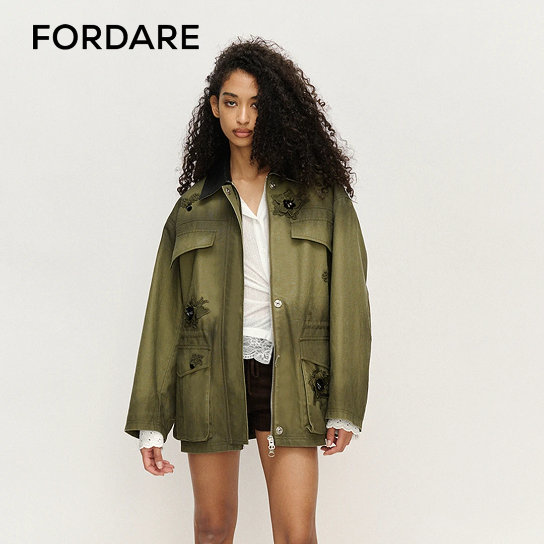 FORDARE/福蝶25春夏重工立体花皮领子喷墨工装外套百搭休闲2208