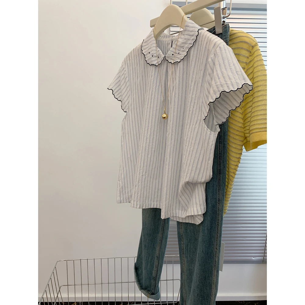 2025新款条纹polo领正肩短袖衬衫女士夏薄款法式时尚百搭上衣小衫