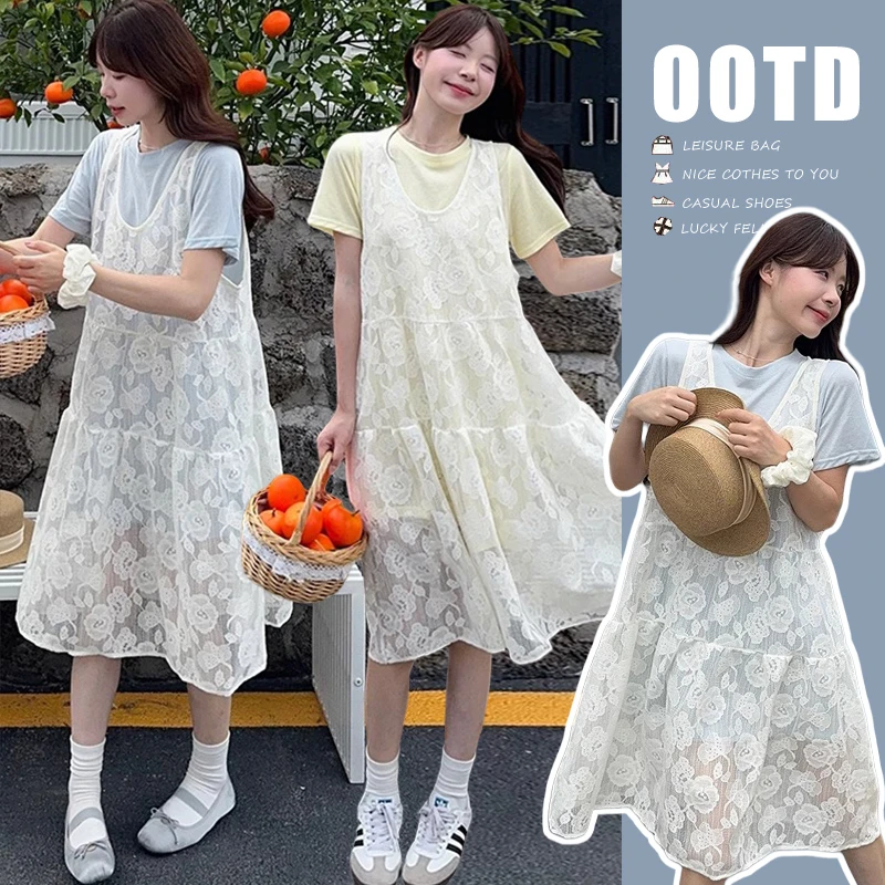 2025年夏季新款韩系温柔系宽松蕾丝罩衫+T恤裙连衣裙孕妇套装