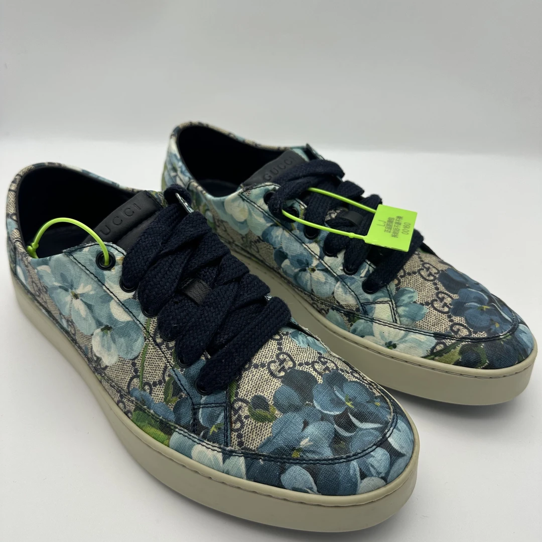 95新 GUCCI/古驰 42.5欧码/蓝色花卉印花低帮板鞋时尚休闲舒适