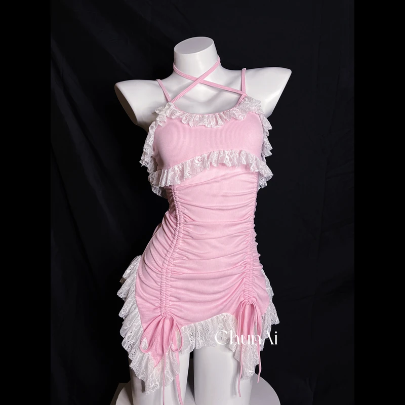 ChunAi夏季甜美蕾丝拼接连衣裙裙子粉色纯欲抽绳褶皱设计吊带裙