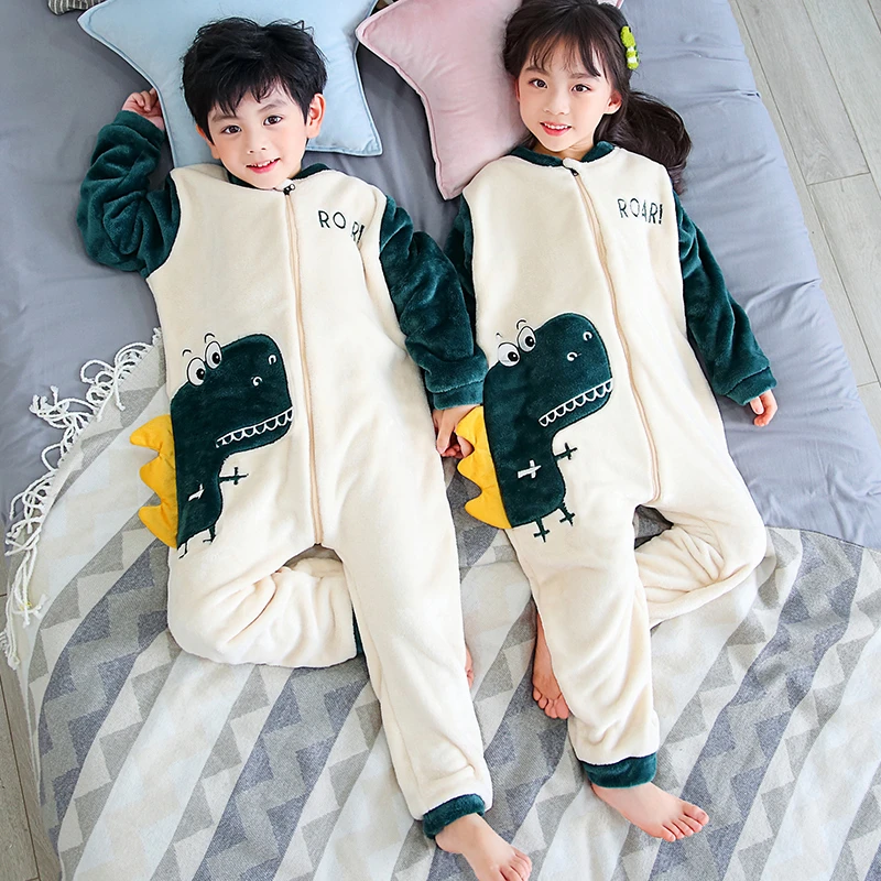 儿童连体睡衣秋冬季加厚珊瑚法兰绒睡袋宝宝防踢着凉恐龙男孩女童