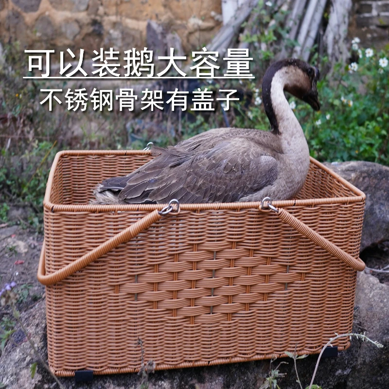 新款不锈钢拜拜篮大容量鸡鸭鹅篮手工编织不生锈野餐篮储物有盖子