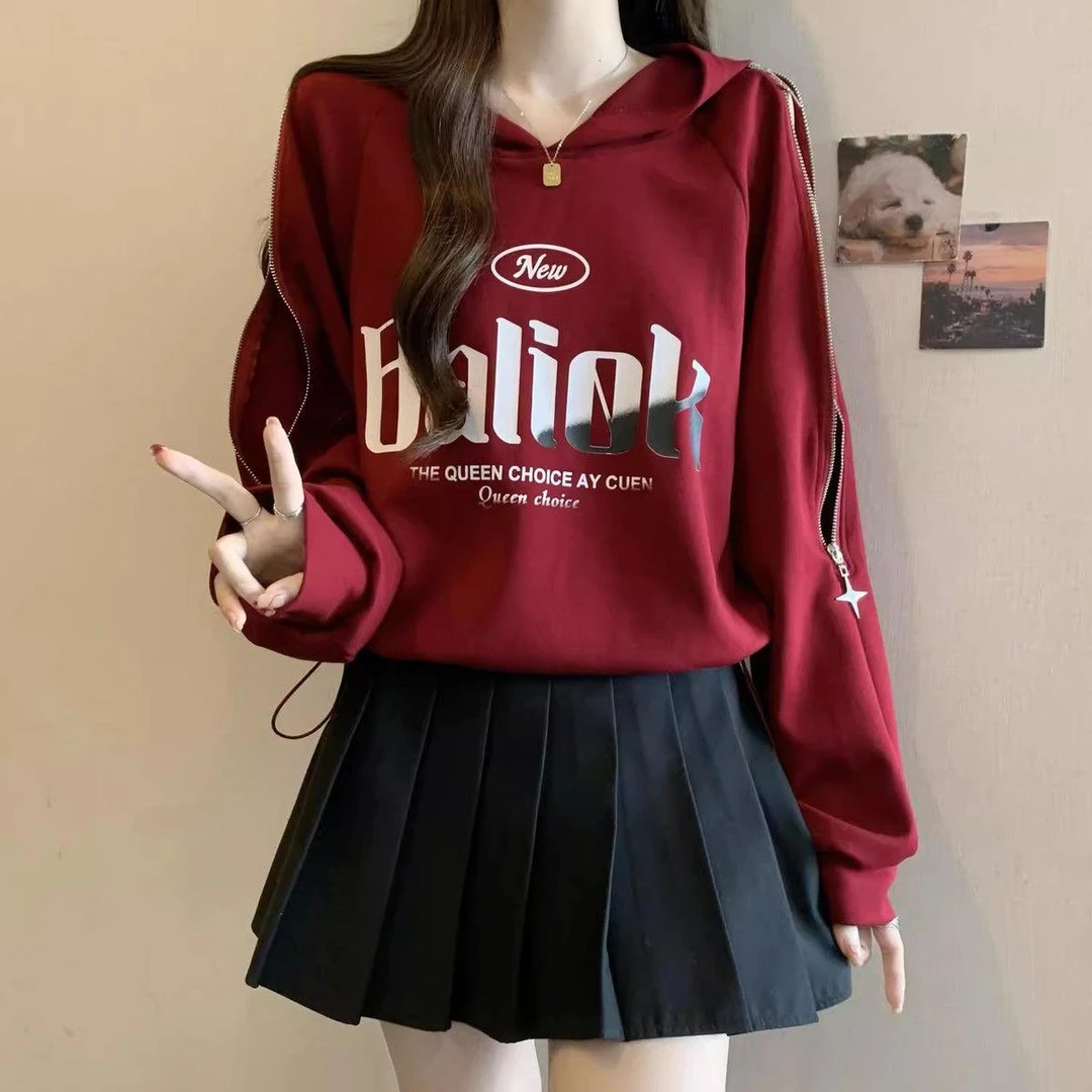 安可拉红色正肩连帽卫衣大码女装2025秋季胖mm设计感个性独特上衣