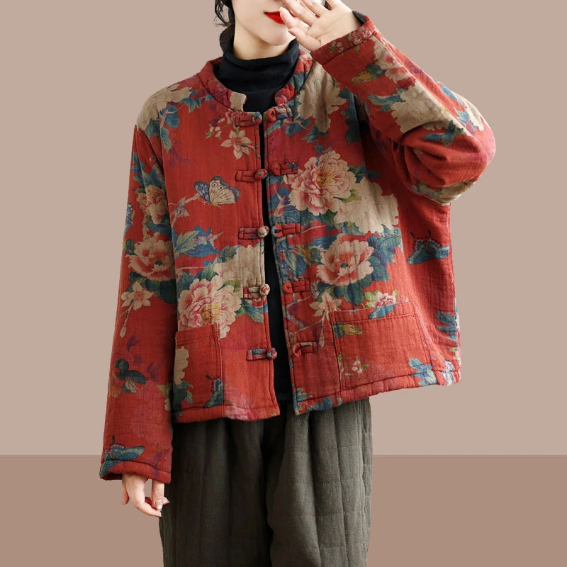 中国风复古棉麻印花加厚棉衣小外套冬季新款保暖立领短款棉服上衣