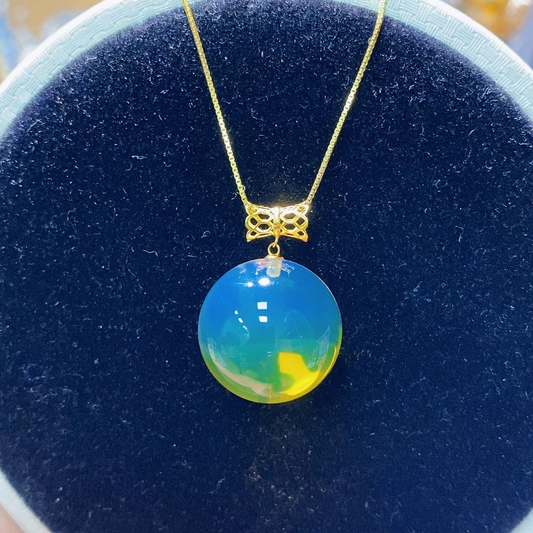 蓝珀18K金镶嵌颈饰18m高蓝净水吊坠