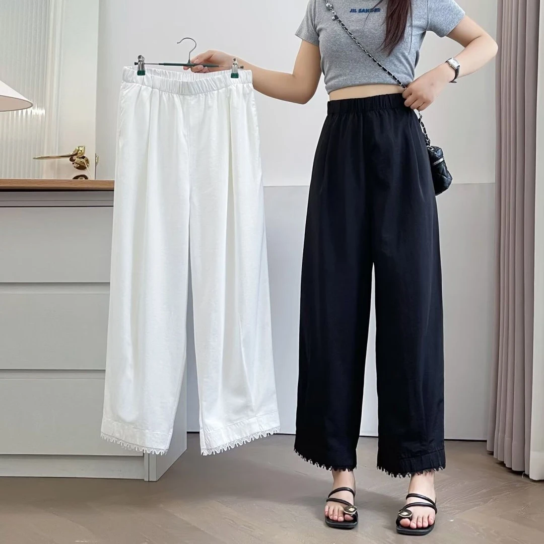 大码胖mm韩系花边睫毛裤女2025夏季薄款休闲显瘦直筒松紧腰九分裤