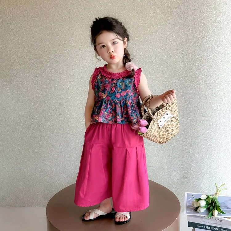 女童夏装套装2025新款洋气女孩无袖碎花衬衫夏季儿童阔腿裤两件套