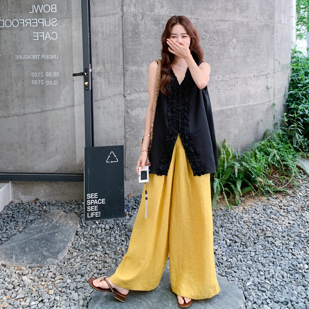 轻奢高级感黑色无袖上衣套装女夏新款薄款时尚洋气阔腿裤两件套装