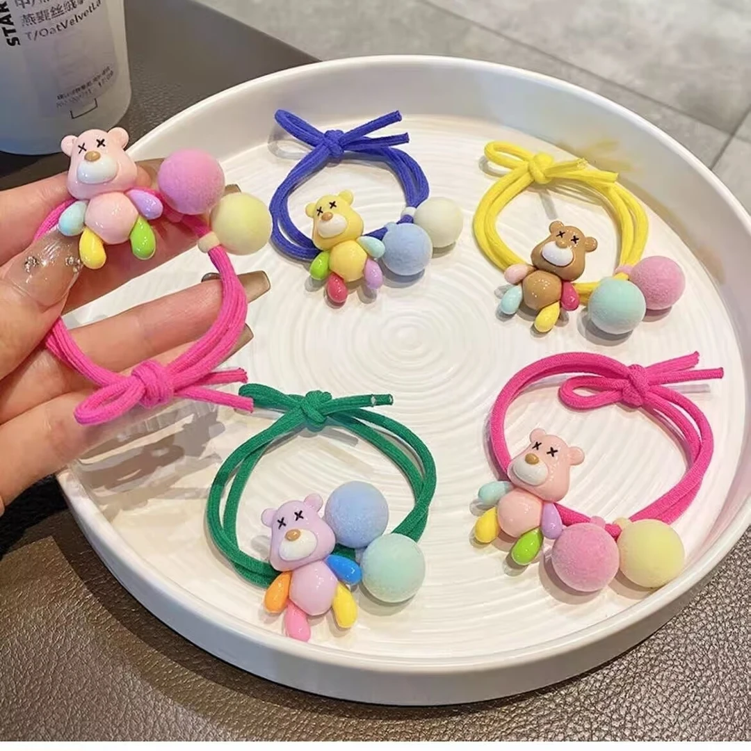 韩国东大门女孩可爱扎儿童马尾辫高弹力女童小熊植绒球球发圈