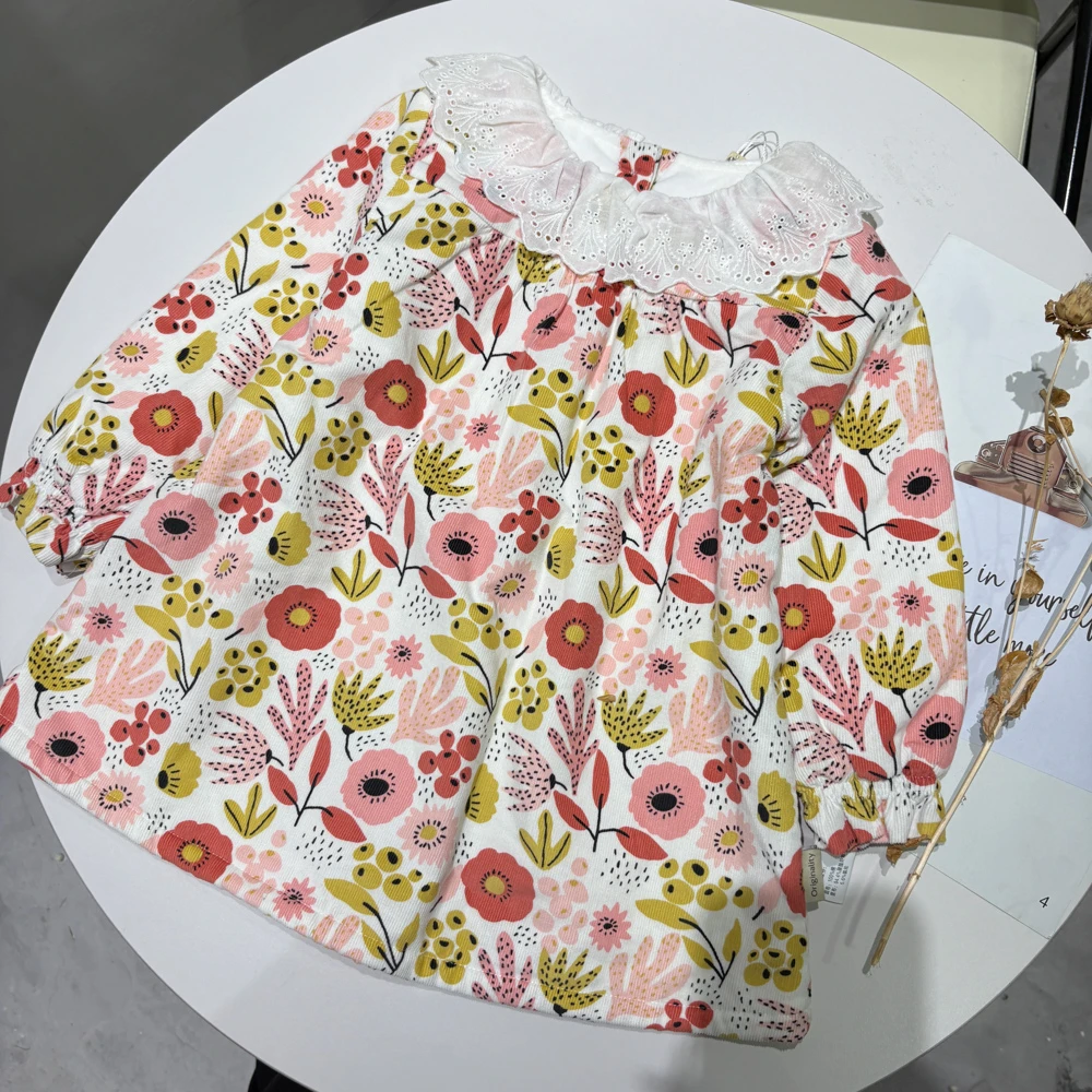 哎蔴蔴9132056秋季女童满印连衣裙儿童纯棉时尚韩版双层加厚洋气