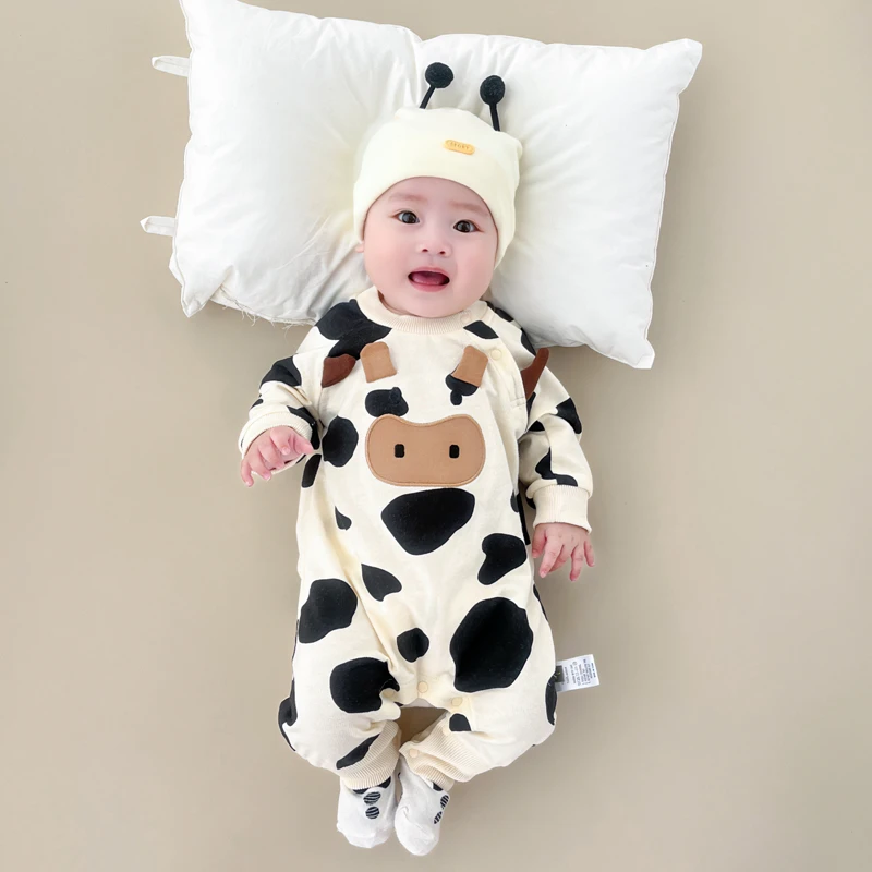 超萌可爱洋气新生婴儿宝宝衣服双层连体衣哈衣爬服奶牛百天春秋装