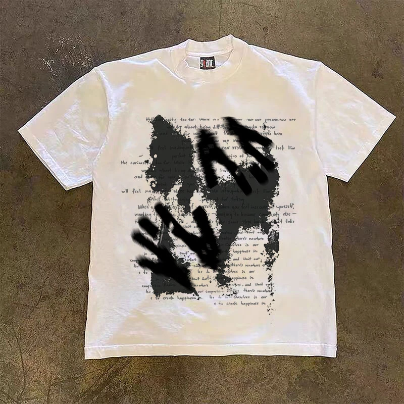 美式hiphop高街短袖纯棉T恤男士宽松重磅圆领复古街头掌纹印花