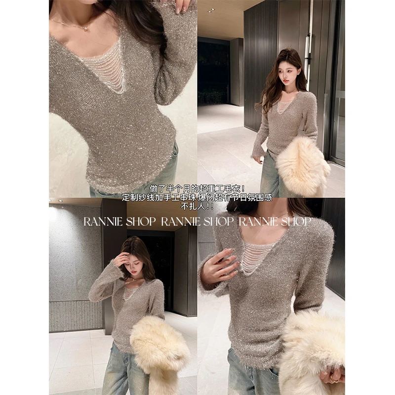 RANNIE SHOP-星际线-重工气质长袖银丝套头针织衫