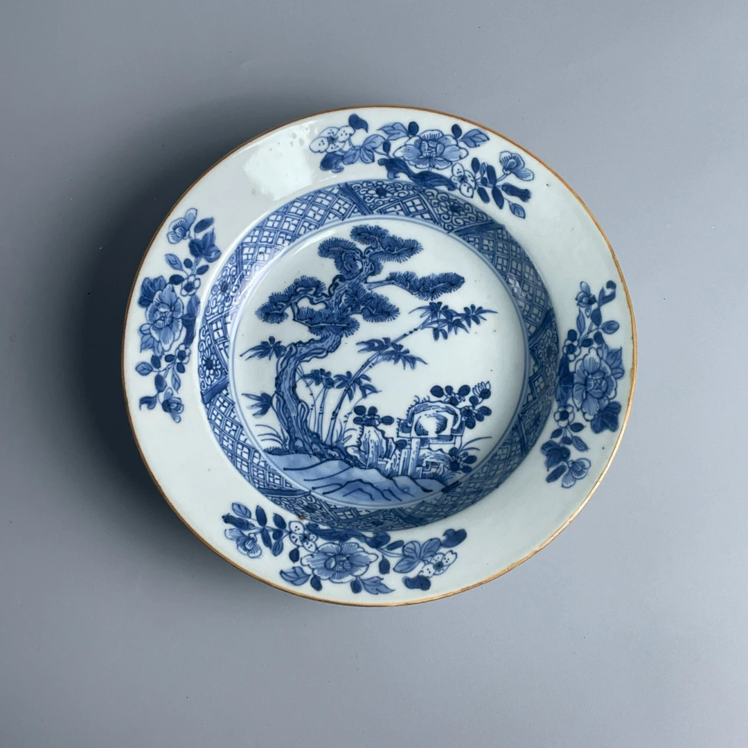 瓷器/古董 乾隆青花竹松盘M25CH009179古玩/收藏/文物/绣花张