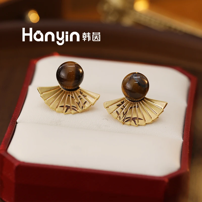 925银针10mm木变石虎眼石新中式扇子耳钉