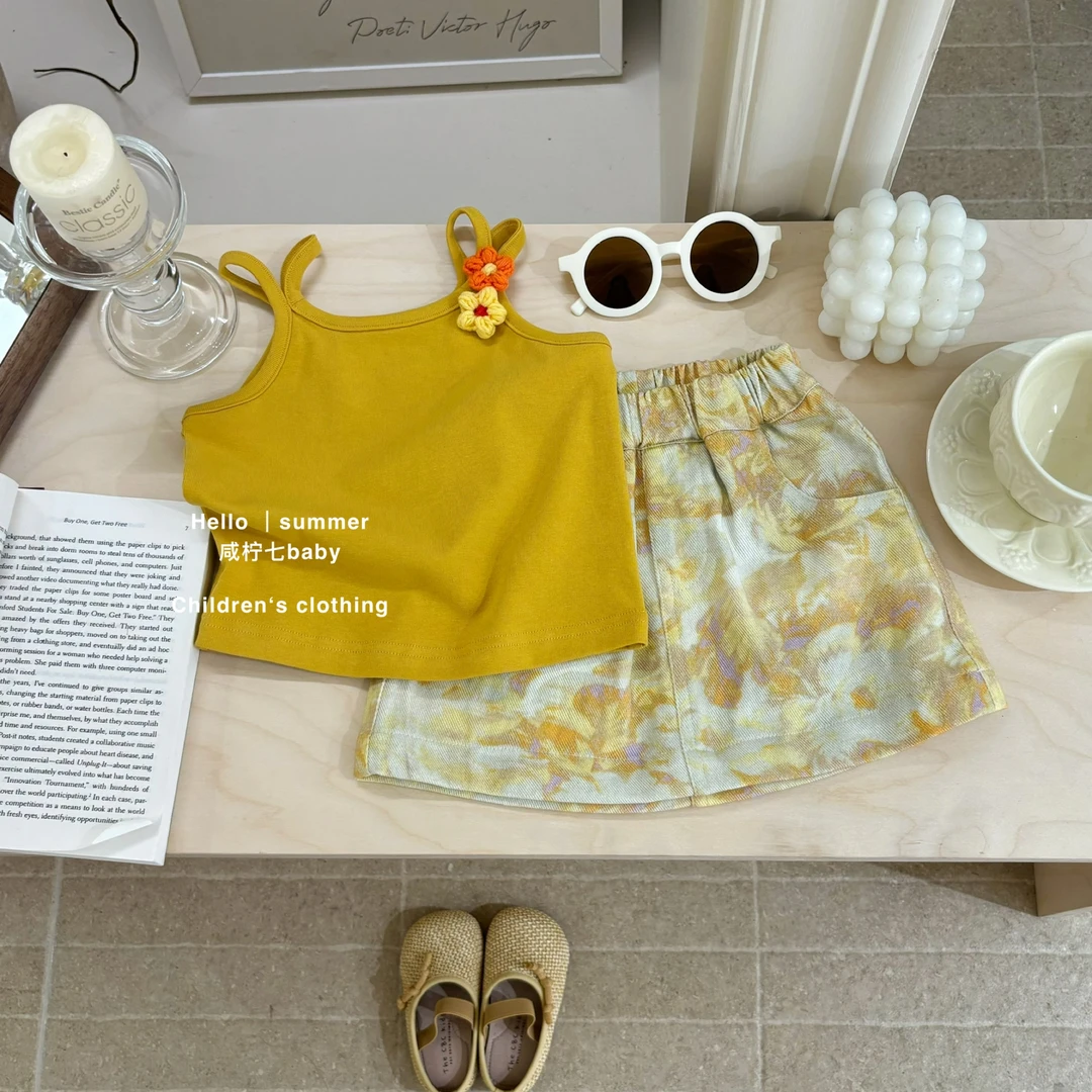 【咸柠七】女童套装2025新款夏装女宝宝时髦蓝色吊带背心条纹裤子