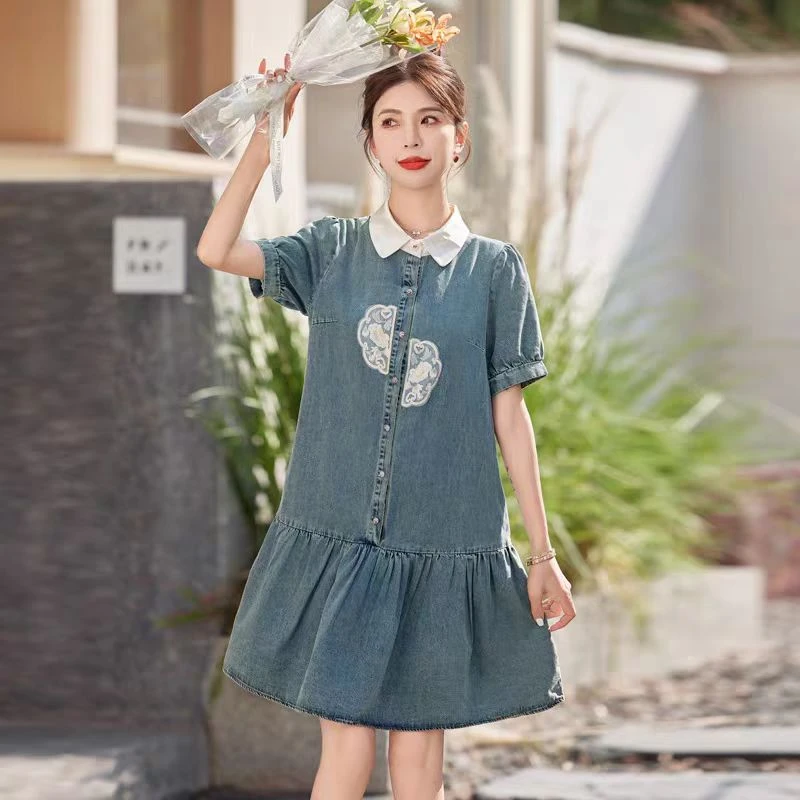 新中式绣花装饰牛仔裙新款翻领撞色女式连衣裙L752