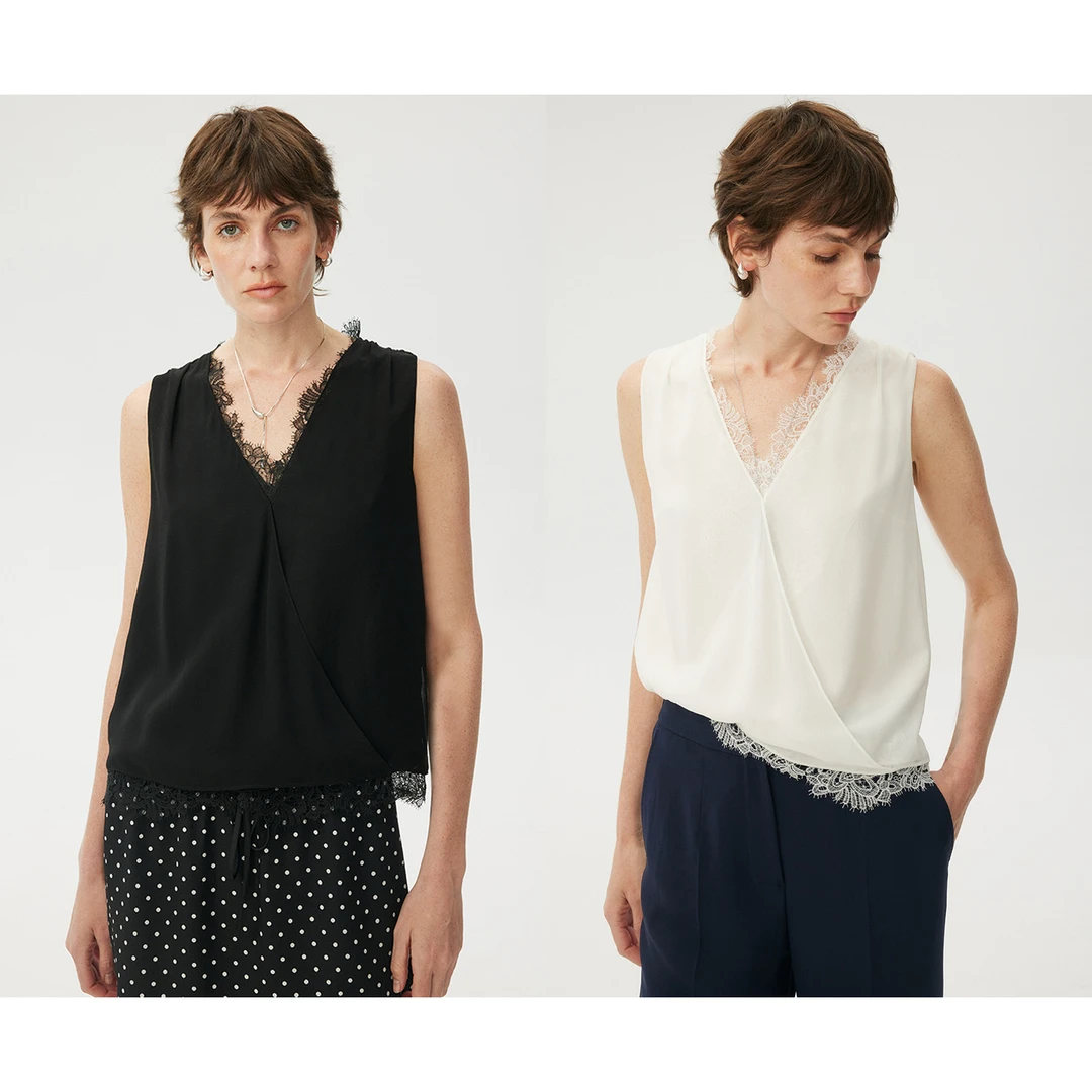 MARIUS“夜百合”10MM真丝真丝夏装乔其6A级纱线经纬强捻蕾丝背心