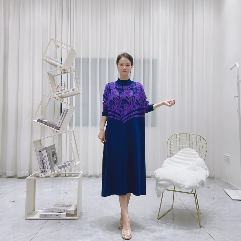 6031[星空暗紫]深蓝紫烫金提花轻奢气质连衣长裙