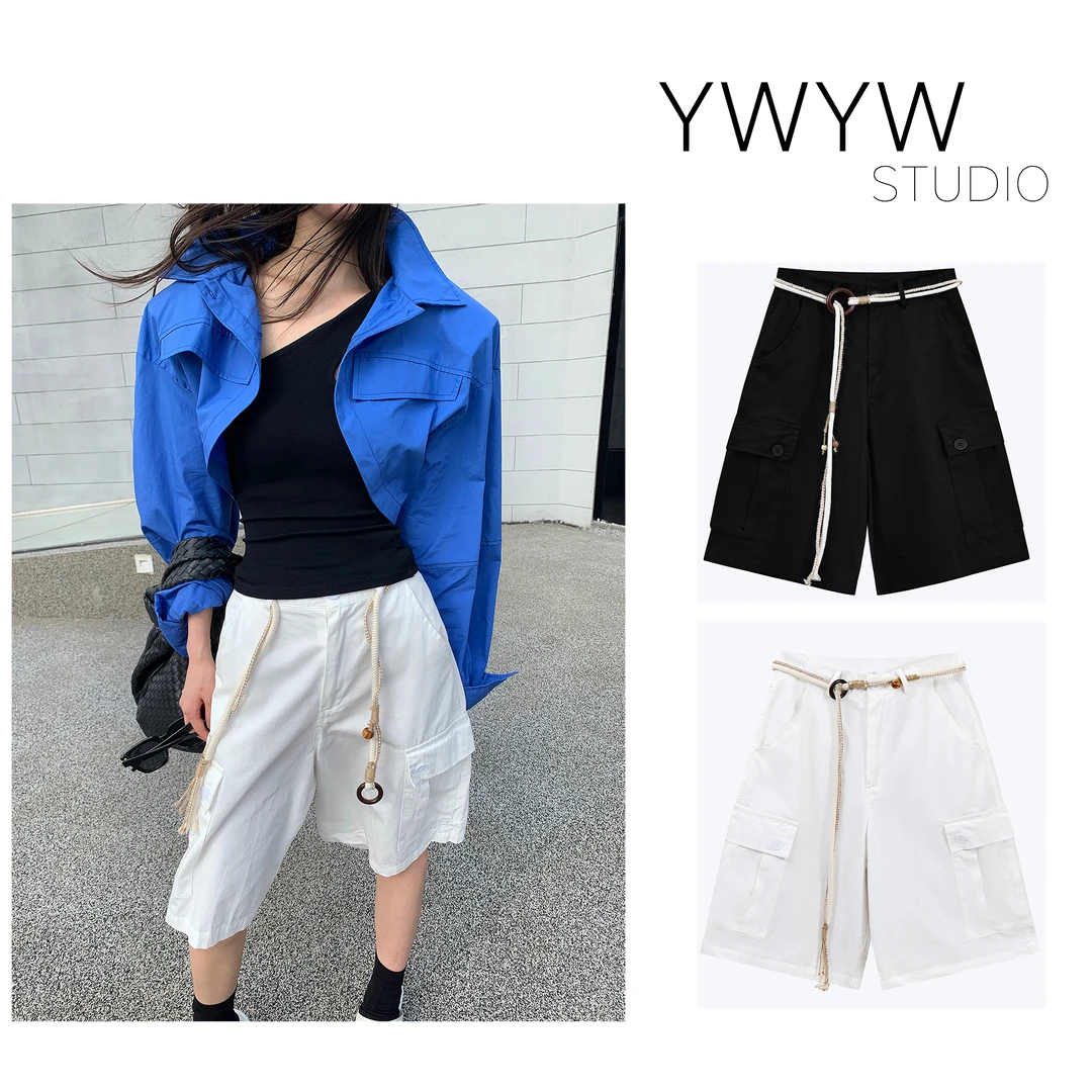 【YWYW25S/S】春夏ins风百搭显瘦阔腿宽松休闲五分裤+腰链配饰A5521