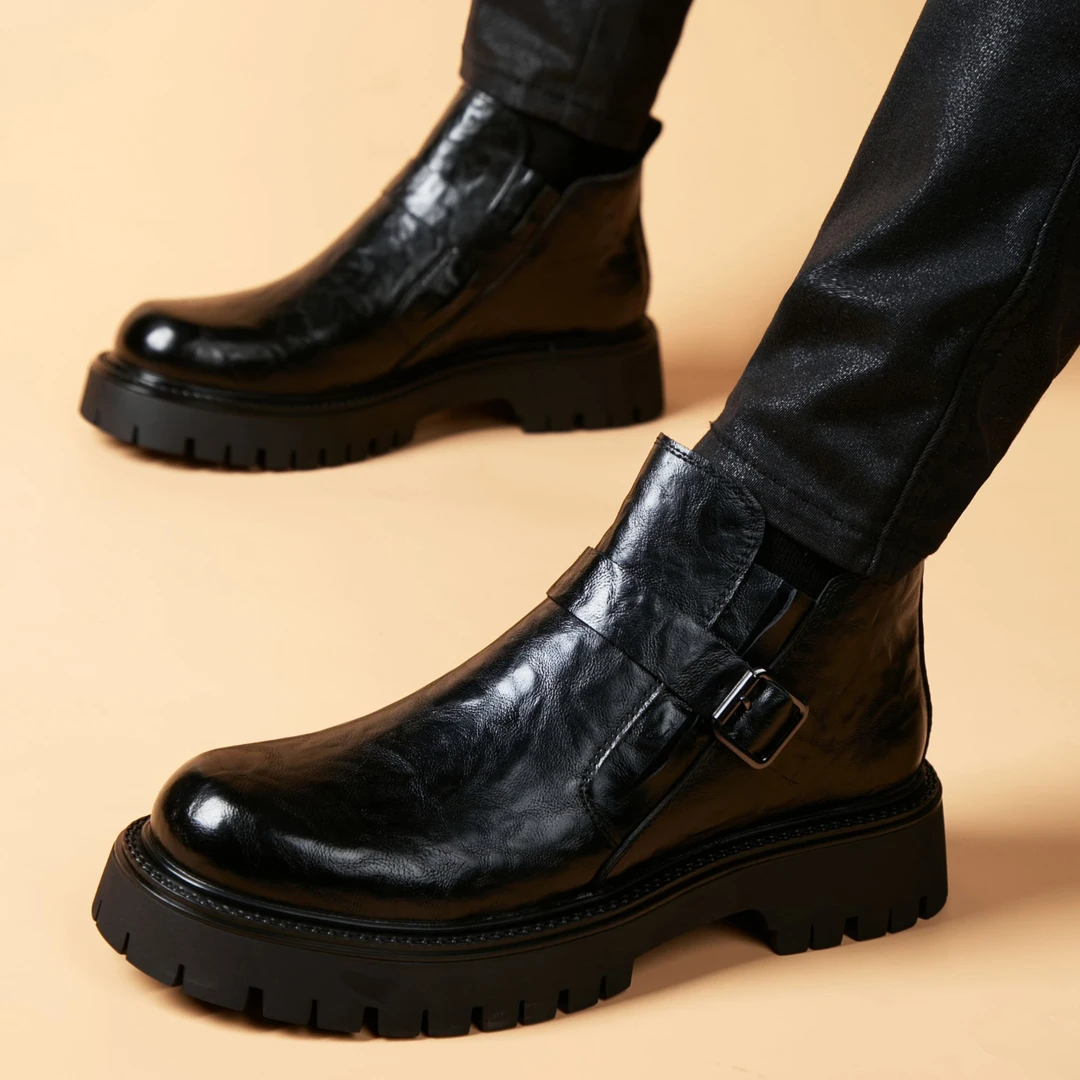 卡汐沐『精选』力荐！男鞋新款真皮厚底英伦风马丁靴复古套脚皮靴潮