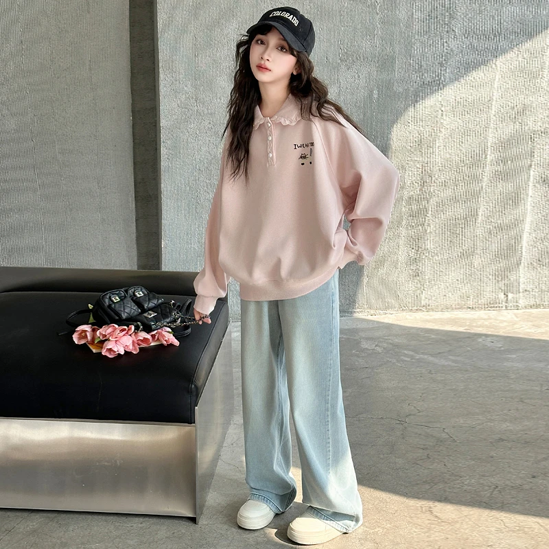 女童春秋款卫衣套装2025新款6-12岁15中大童洋气休闲牛仔裤两件套