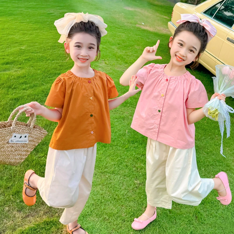 女童套装短袖夏季2025中小童新款儿童洋气衬衫韩版两件套夏装纯色